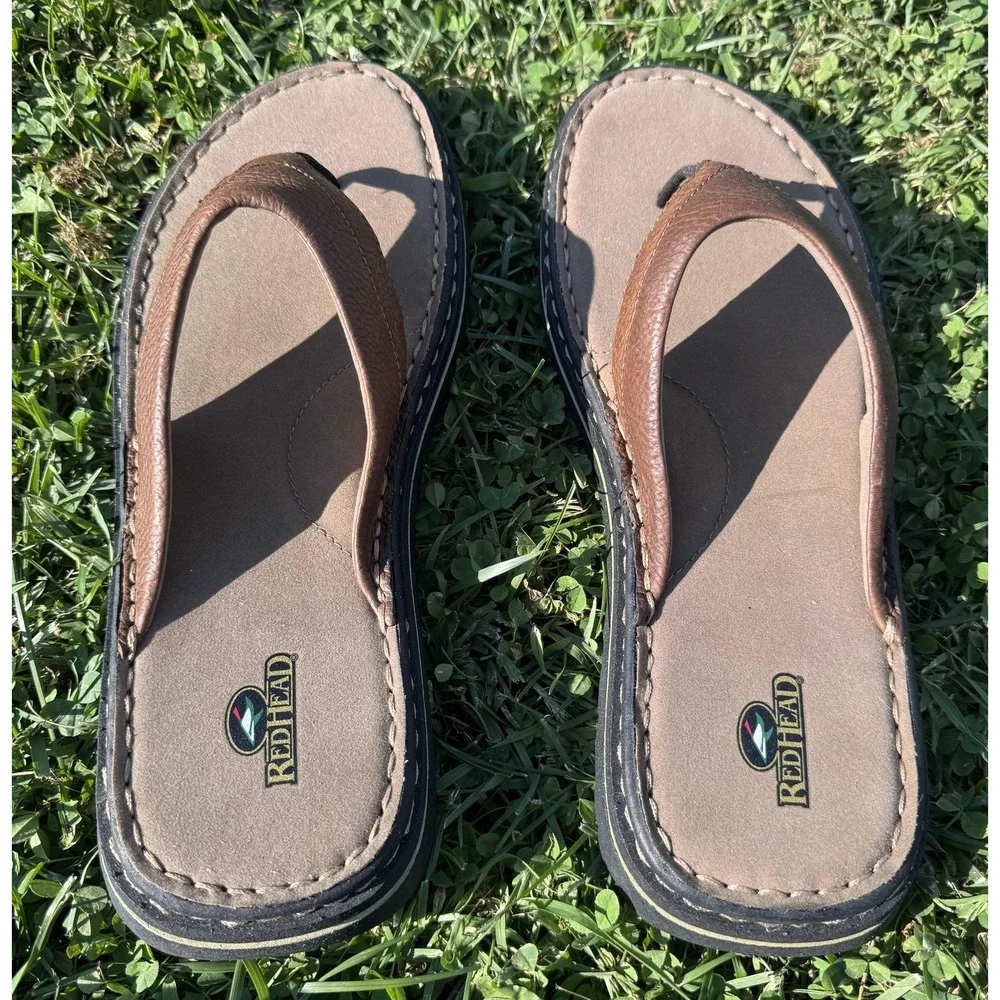 RedHead Sandals Mens Size 13 Brown Leather Thong Flip Flop Cushioned Casual